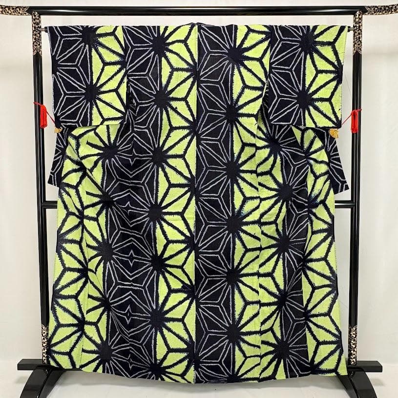 ゆりのはな　絞り浴衣　有松鳴海絞り　総絞り　トール　紺/黄緑色系　綿　J105