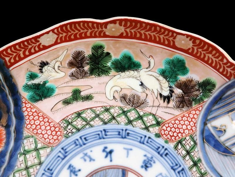 古伊万里　金襴手　色絵　鶴に菊　赤壁の賦図　８寸皿　C719AS-CZs