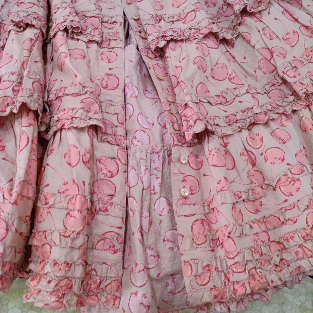 ピンクハウス　チェリー柄　ピコフリル　段々ワンピース　クスミピンク系