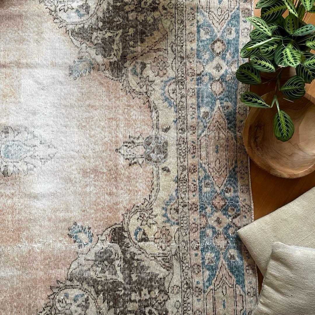 106×141 ターコイズブルー×ブラウン　淡いベージュ　トルコヴィンテージラグ