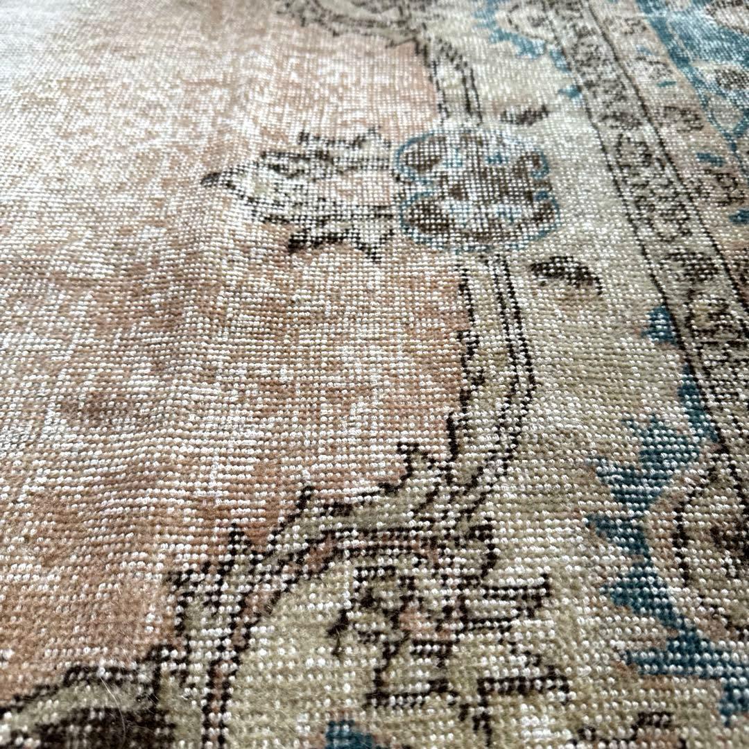 106×141 ターコイズブルー×ブラウン　淡いベージュ　トルコヴィンテージラグ