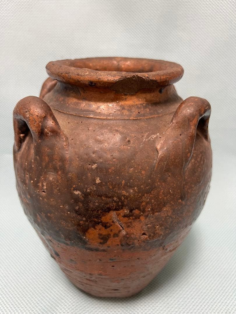 中国明朝（青釉 四耳壺）陶器 骨董品 時代物 高さ24cm解体整理品現状品のみ