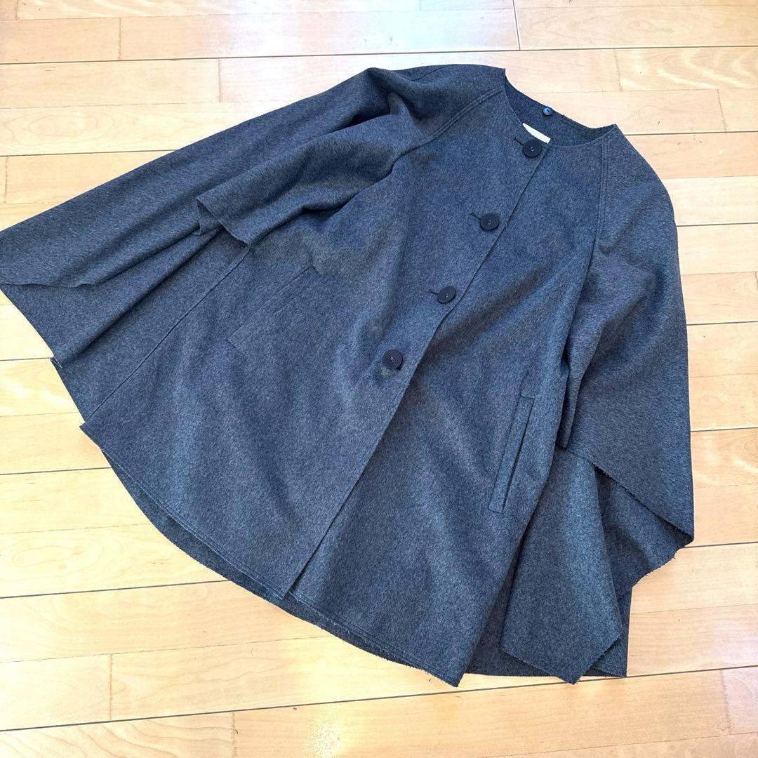 【LANVIN en Bleu】グレー ウールコート フォックスファー付き　美品