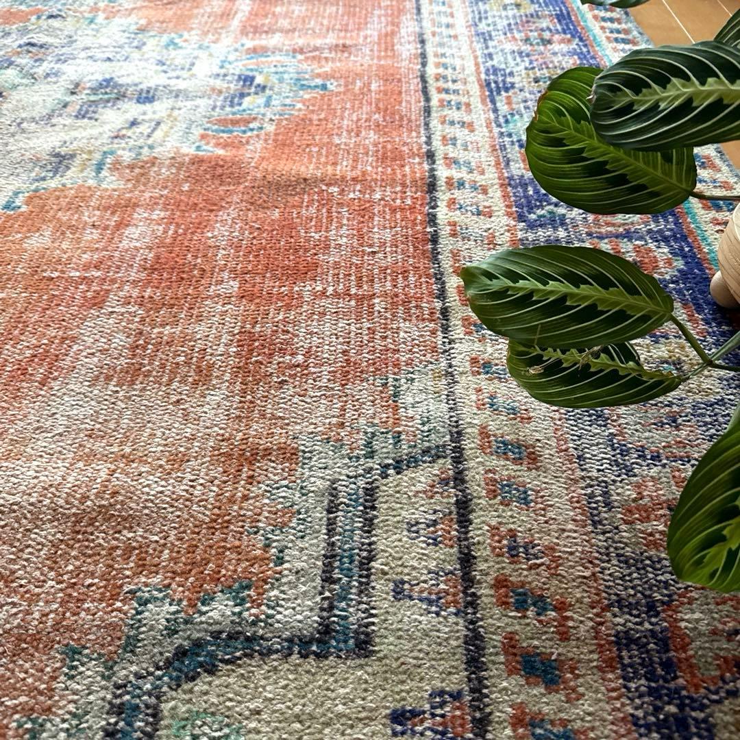 大判162×227 夕焼けオレンジ　貴重　メダリオン　トルコヴィンテージラグ