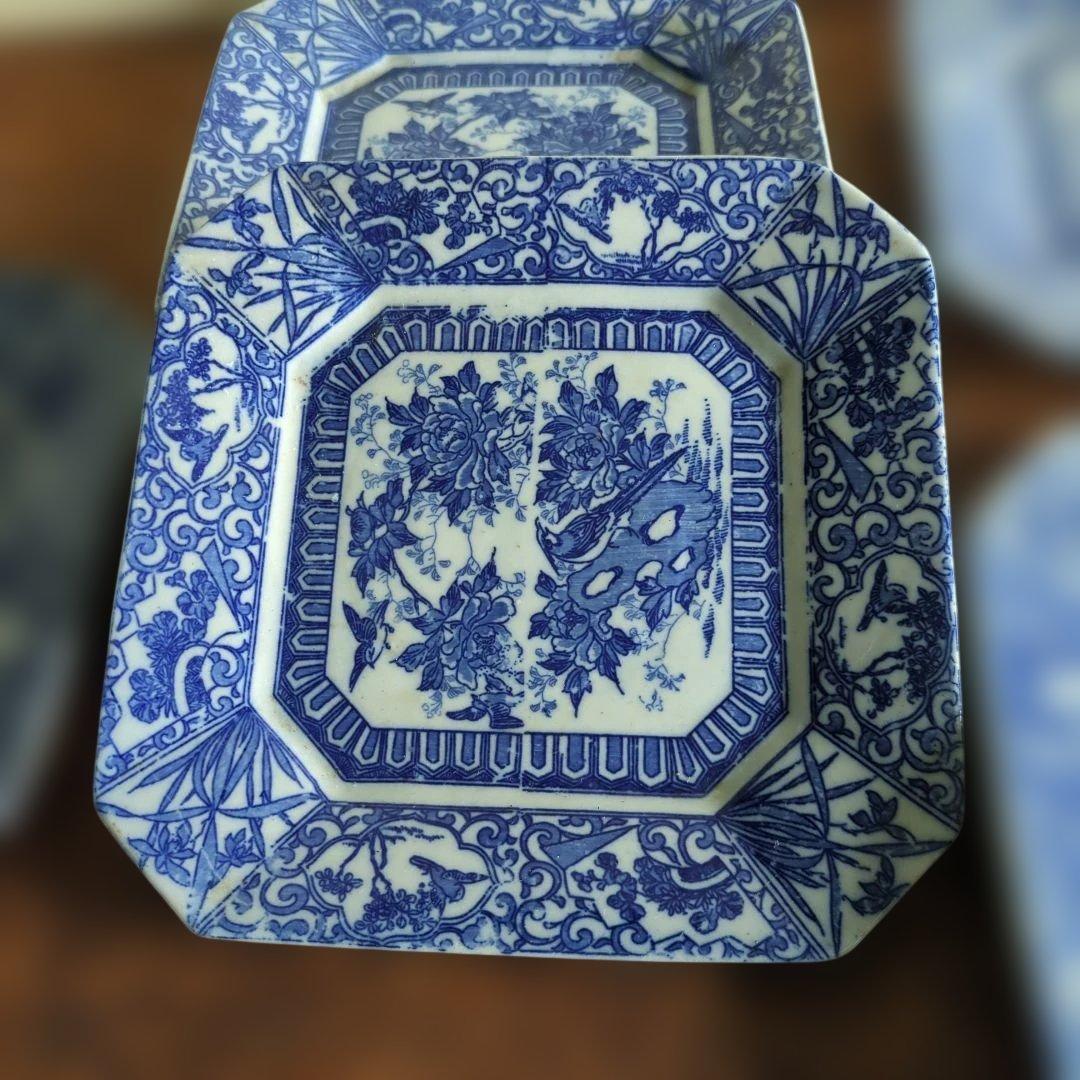 WHITE　骨董　角皿　伊万里　印判　花　7枚