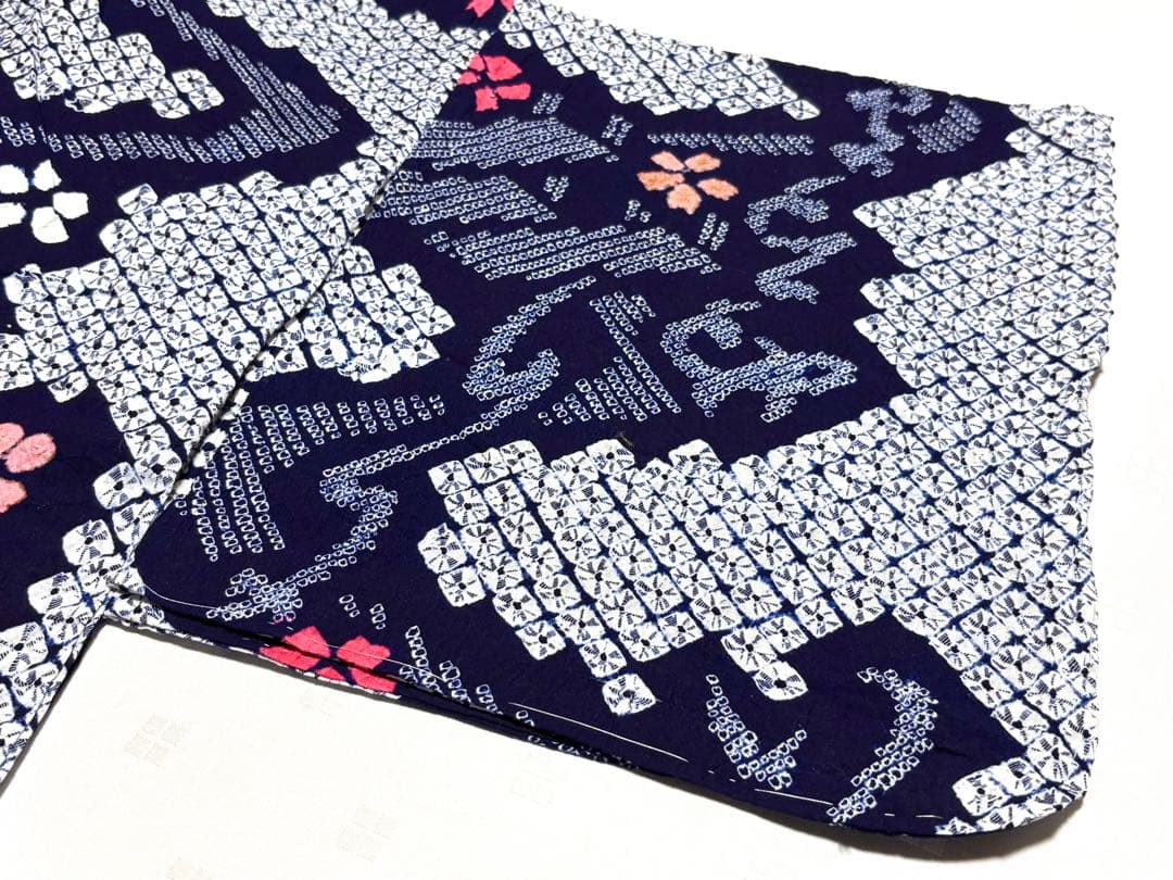専用未使用品　和服　綿100% いろは歌模様　有松絞り　浴衣(袖仕付け糸)