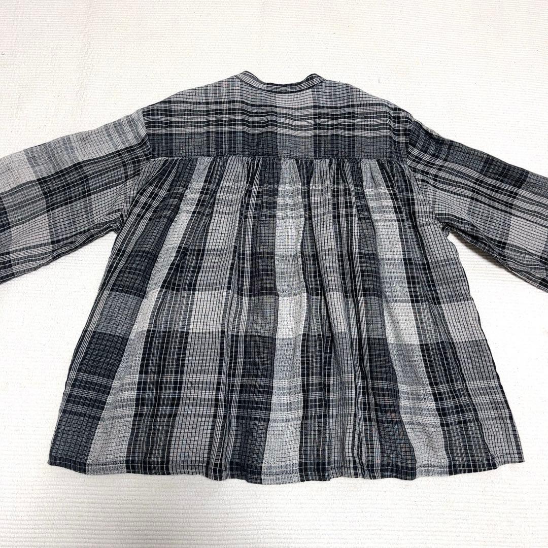 イチアンティークス　リネンギャザーブラウス　ワイド　バンドカラー　洗える　日本製