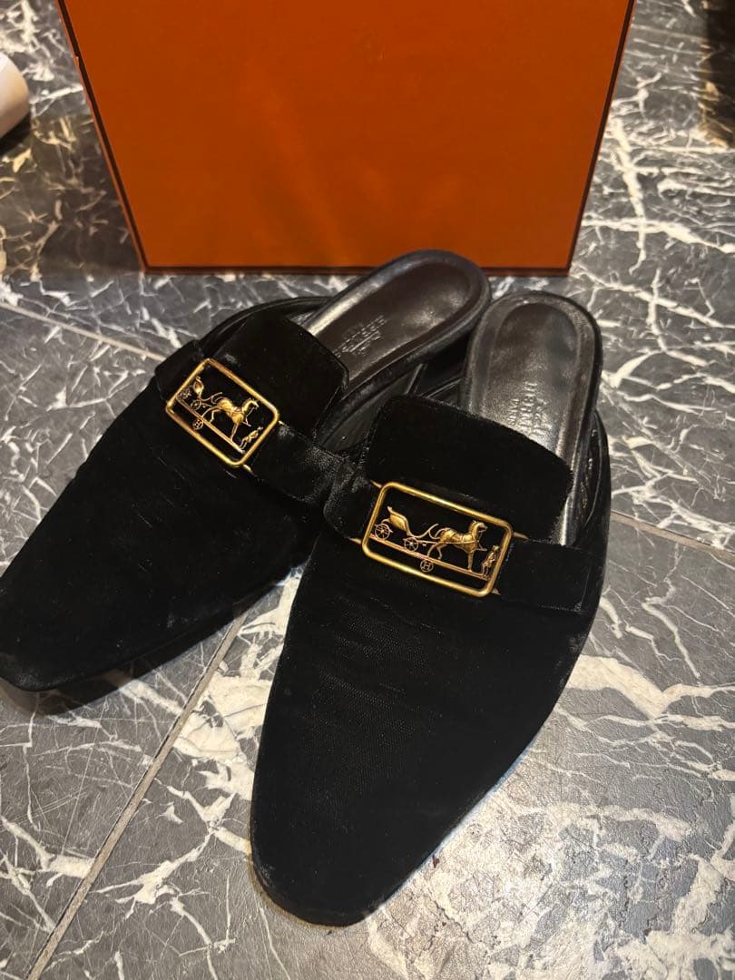 HERMES ブラック スエード ミュール　38