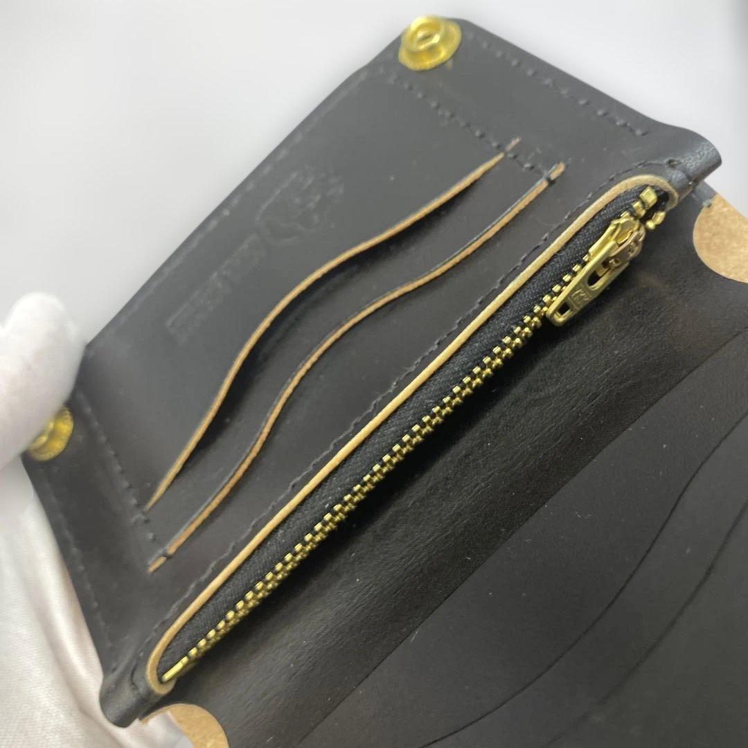 値下【無骨x上質 お札折らず収納】 丘染ブラック 手染ミドルトラッカーウォレット