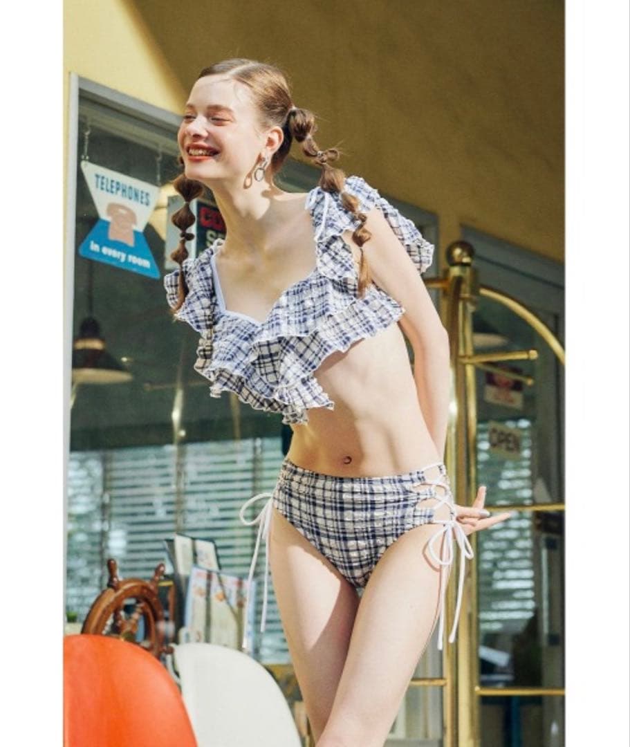 リエンダ　rienda マルチファブリックフリルワイヤーカップビキニ ネイビー