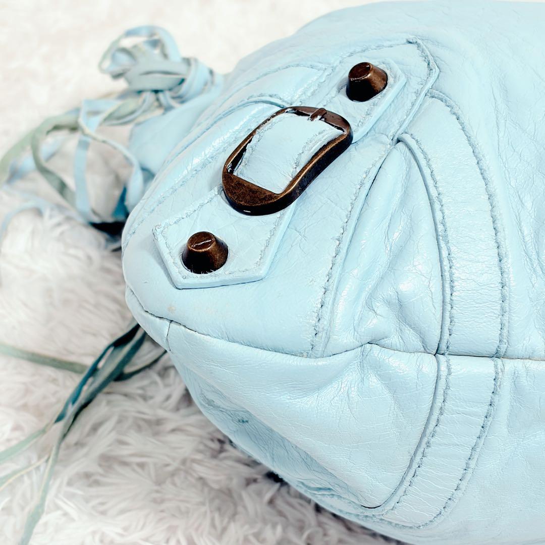 BALENCIAGA クラシックシティ ライトブルー レザー ハンドバッグ 鏡付