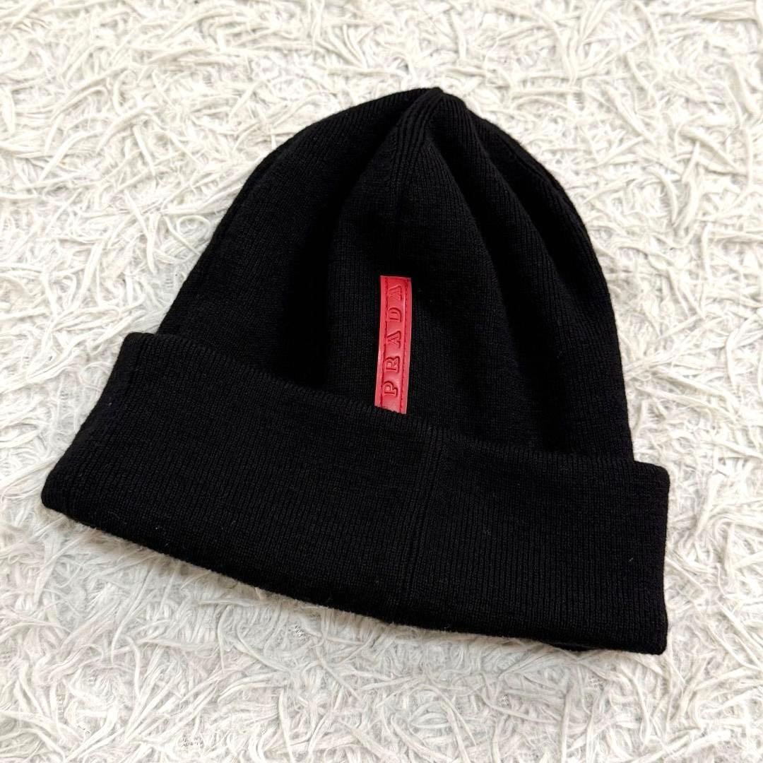 17483✨プラダスポーツ ラバーロゴ ニット帽 ウール ブラック