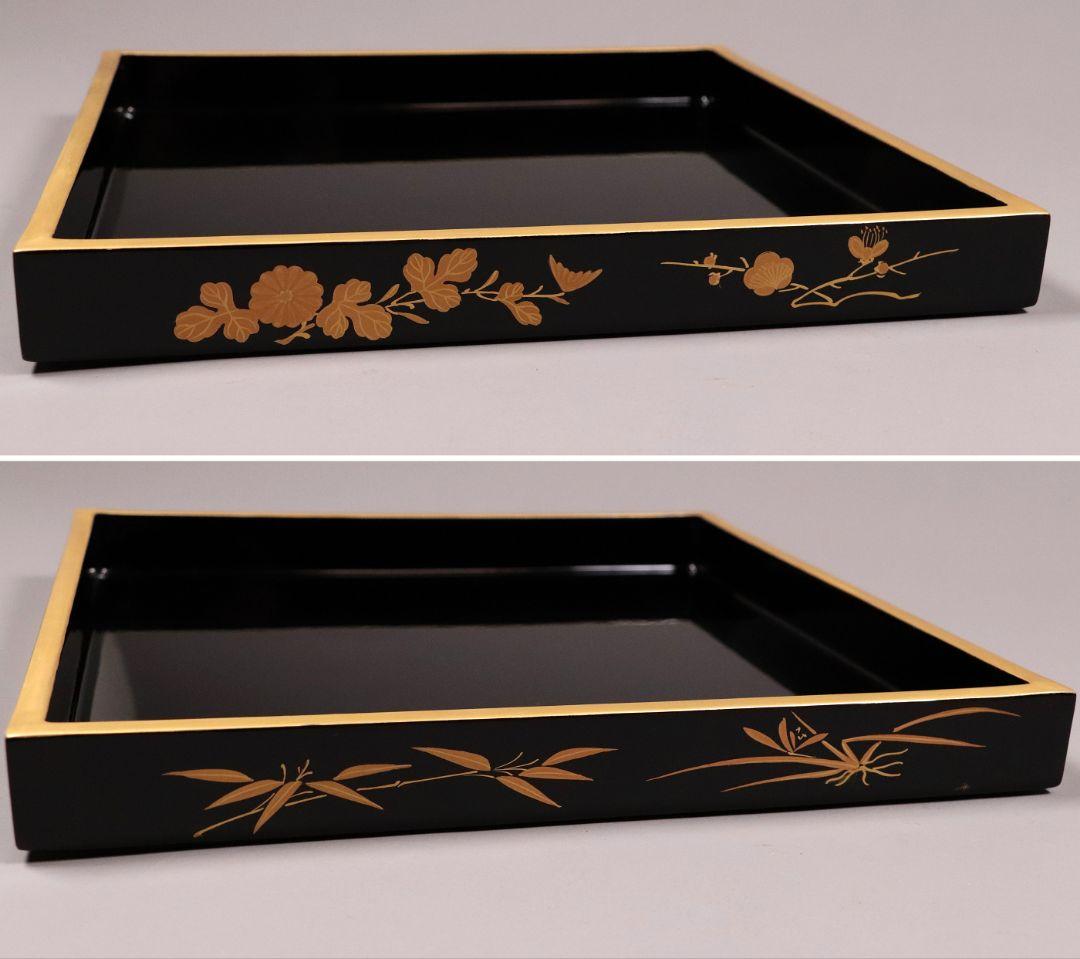 輪島塗 四君子 金蒔絵 二段重 重台 二枚蓋 黒塗 朱塗 木箱 木製 MA90