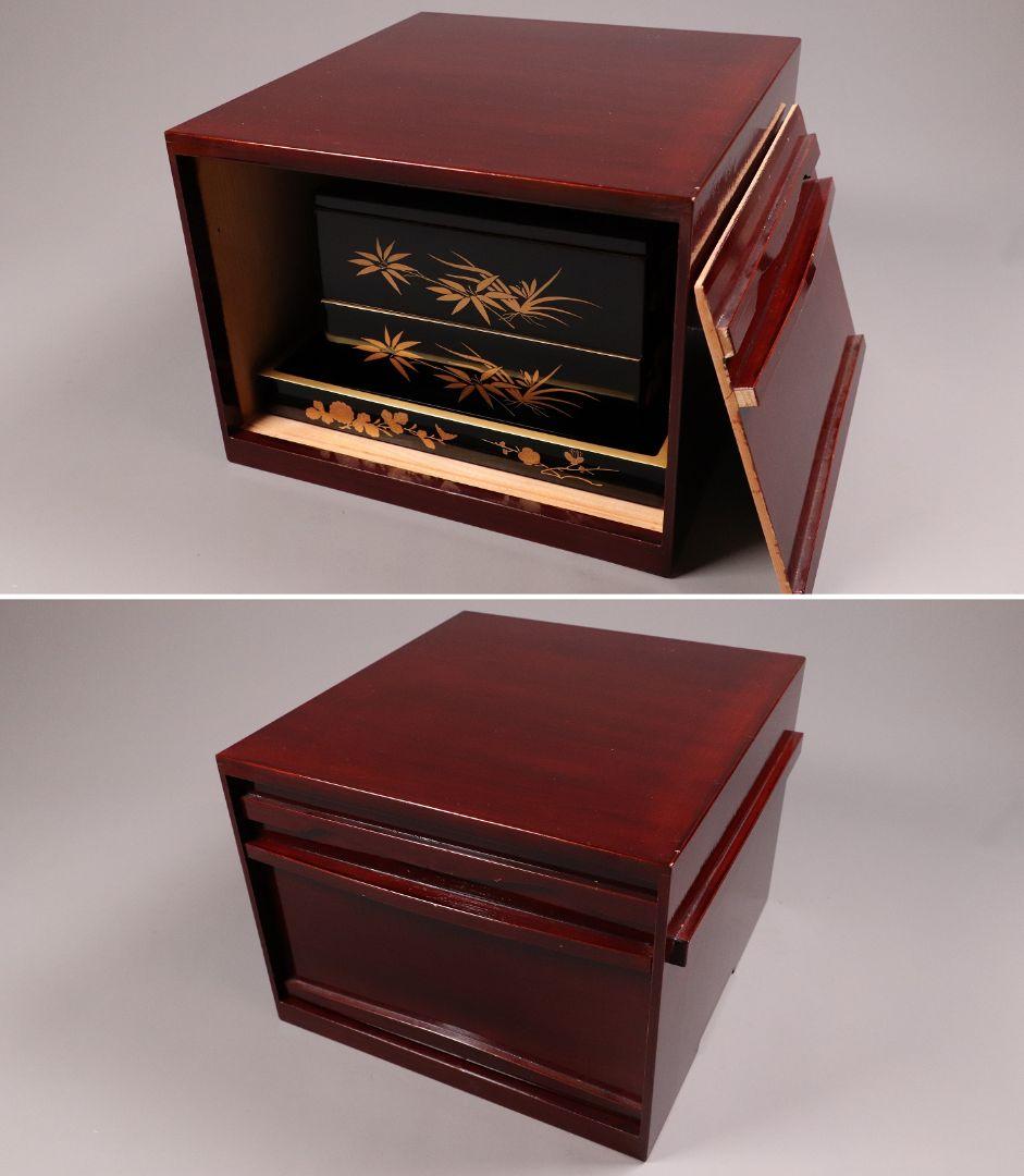 輪島塗 四君子 金蒔絵 二段重 重台 二枚蓋 黒塗 朱塗 木箱 木製 MA90