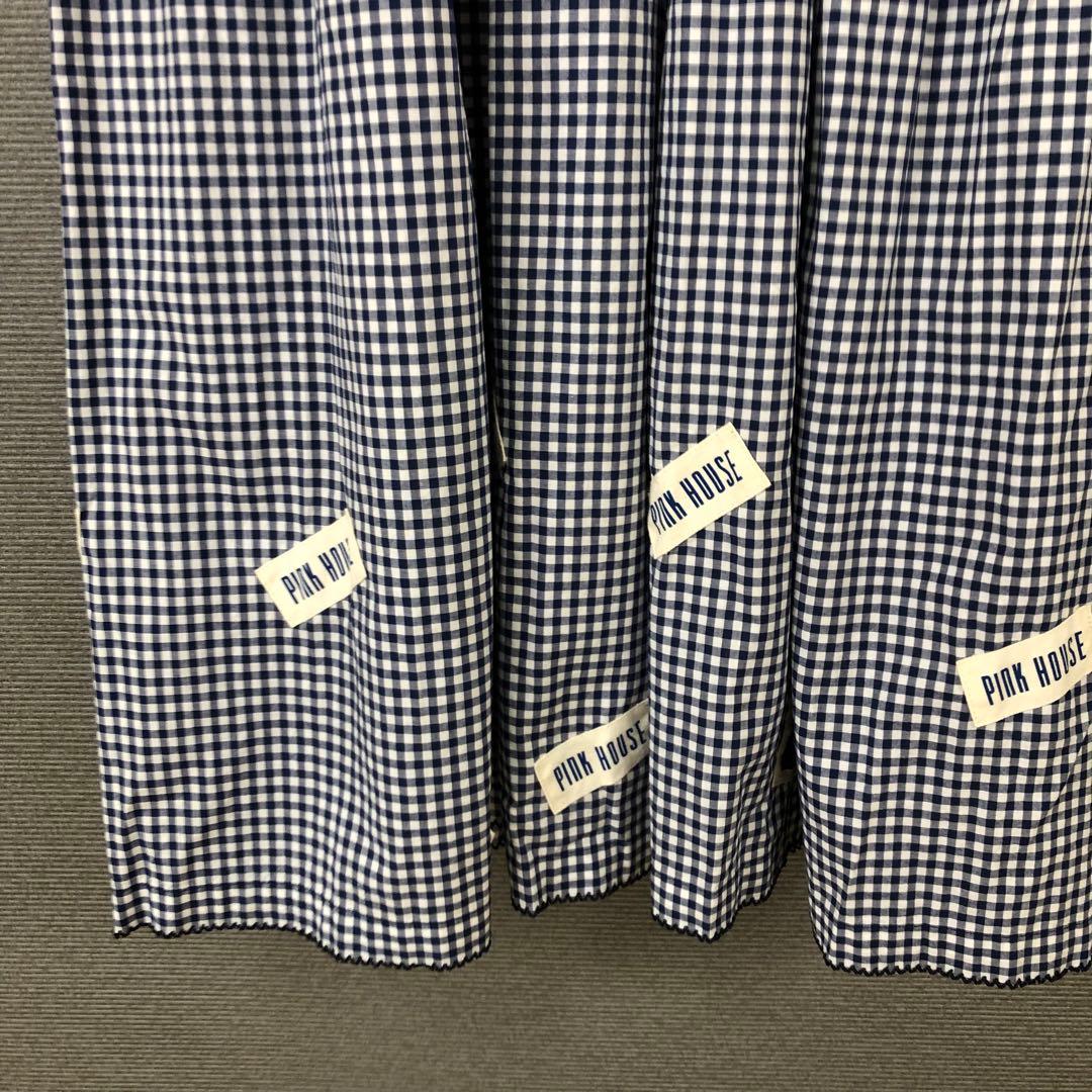 PINK HOUSE ギンガムチェックワンピース ワッペン ピコフリル ブルー