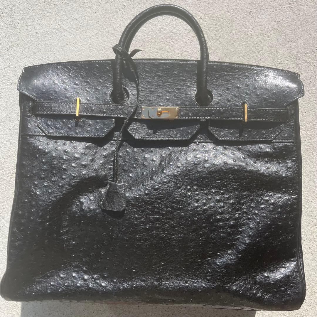 【激レア】特大ボストンバッグ 黒　オーストリッチ フルポイント ベルトデザイン