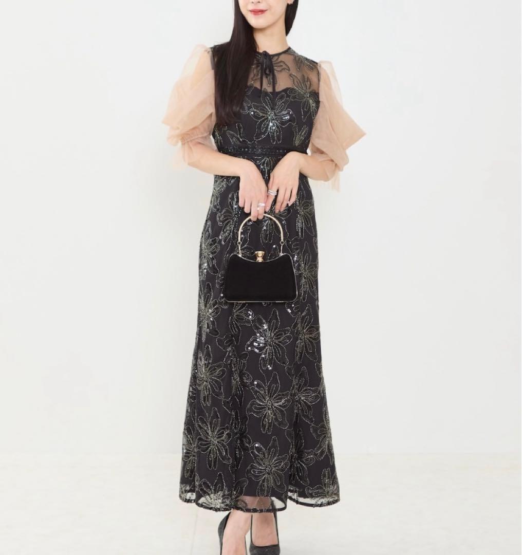 【LEJA】スパンコールフラワーリボンチュールワンピースドレス