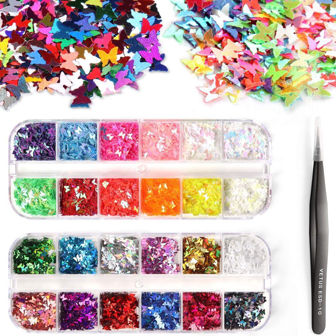 ☆ネイルパーツ　蝶　24色　ピンセット付　ホログラム　かわいい　ジェルネイル