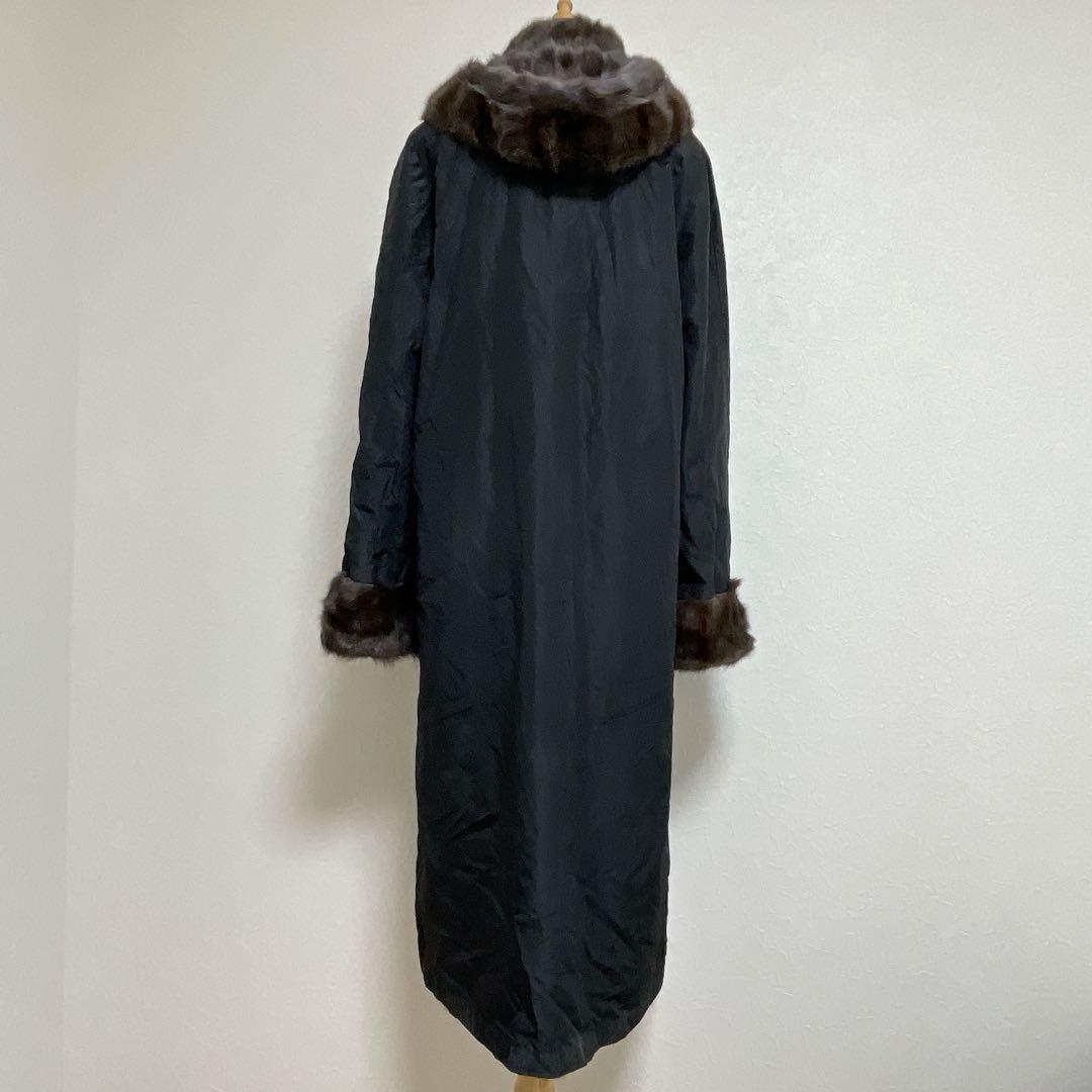 【美品】高級シルク100% ロシアリス リバーシブルロングコート L〜LL 毛皮